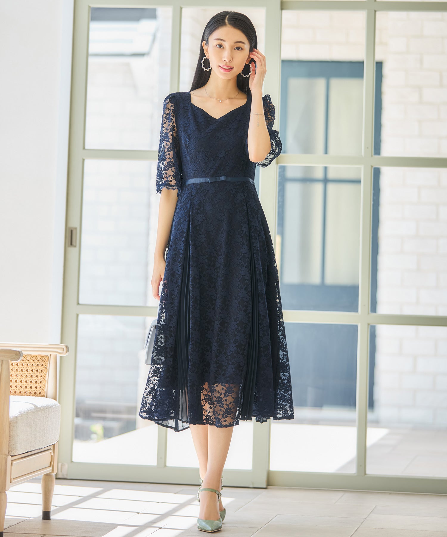 ワンピース ドレス レースミモレ丈 総レース 結婚式 ピンク – DRESS+