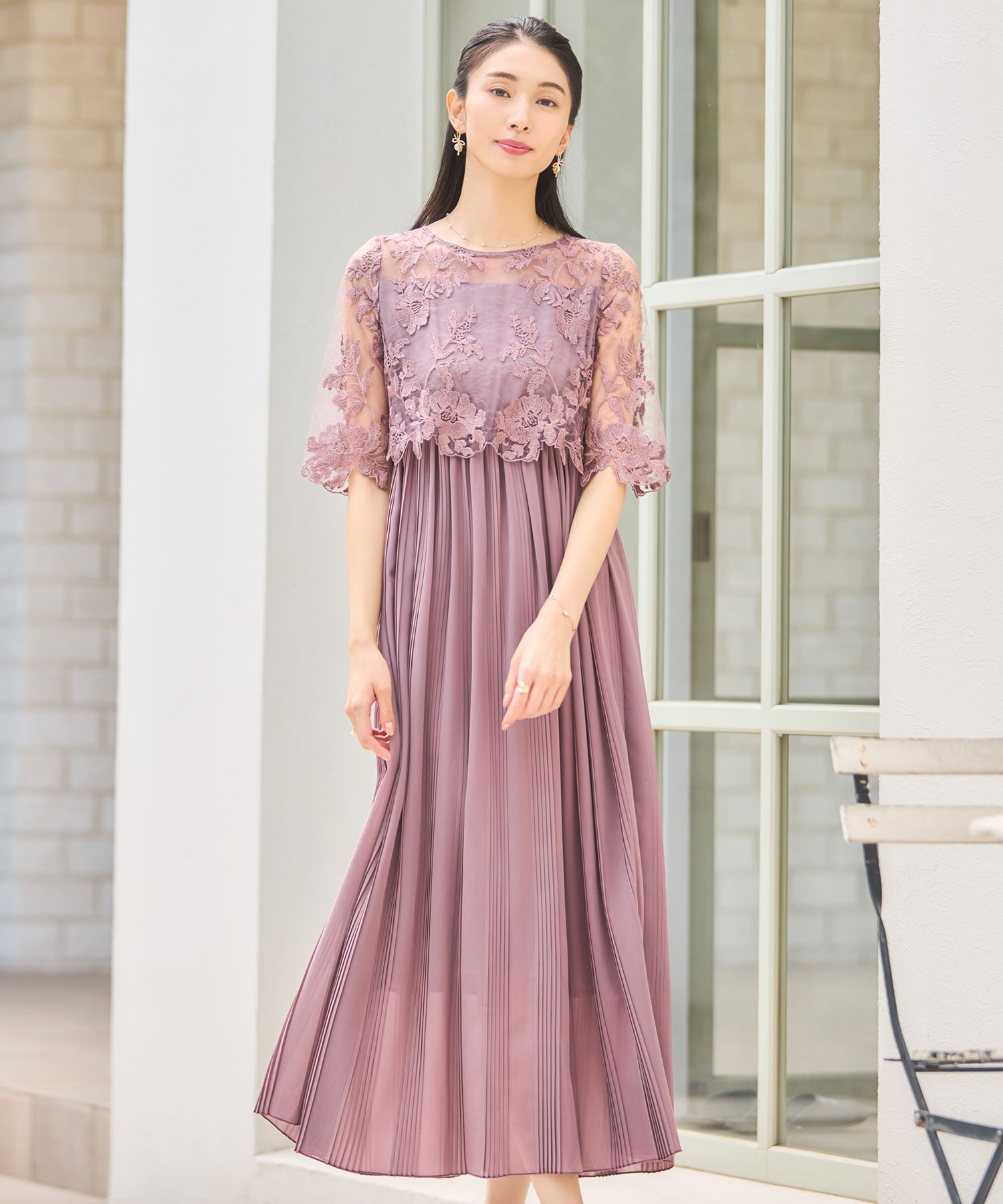 ワンピース ドレス レース プリーツ 結婚式 レース袖dsm0116